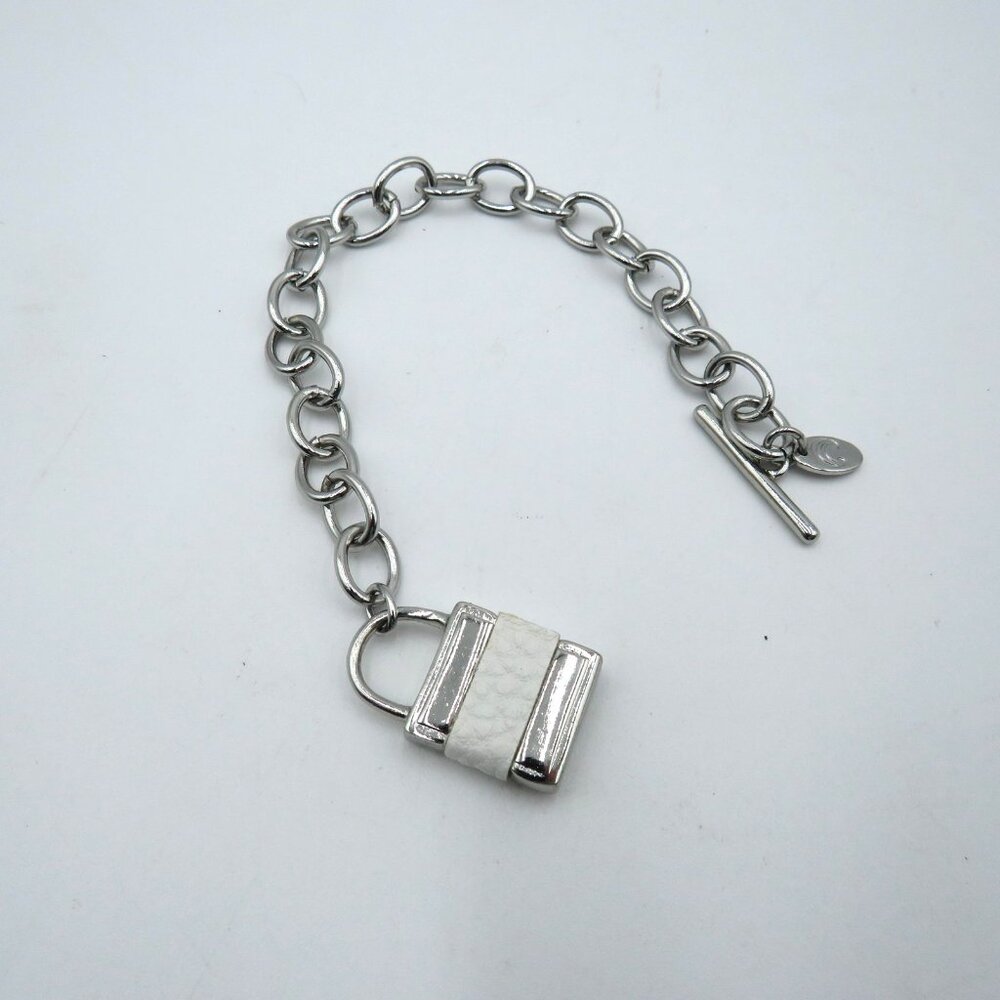 Charming Charlie Padlock Charm Bracelet‎ Silver Tone Toggle White Leather Chunky